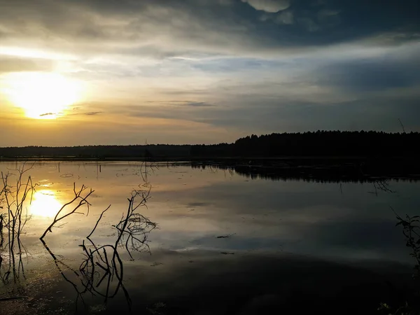 Summer landscape with sunset and reflection in the water on the lake.