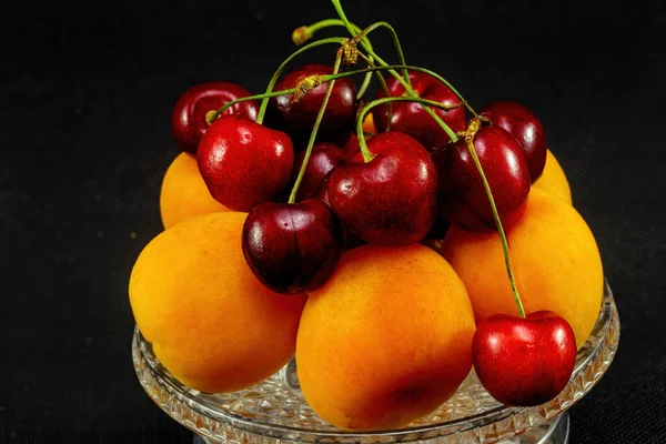 Still Life Apricot Cherry Black Background — Stock Photo, Image