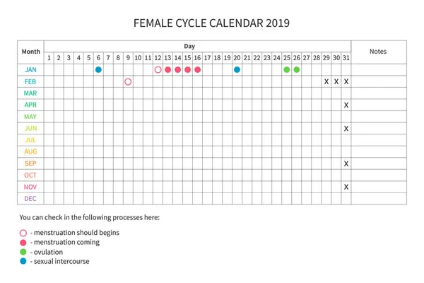 Calendario de ciclo femenino — Vector de stock