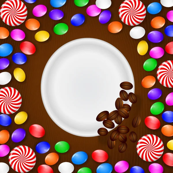 飴、お菓子、キャンディー。茶色の木製の背景。上からの眺め. — ストックベクタ