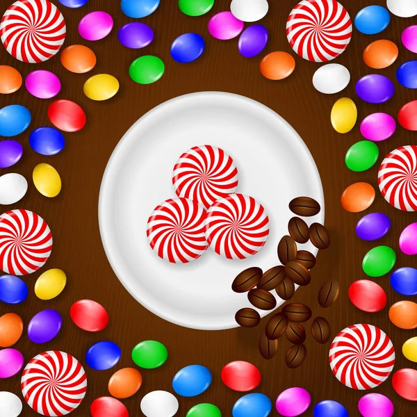 Színes cukorkák, édességek és nyalókák. A barna fa háttér. Nézd meg felülről. — Stock Vector