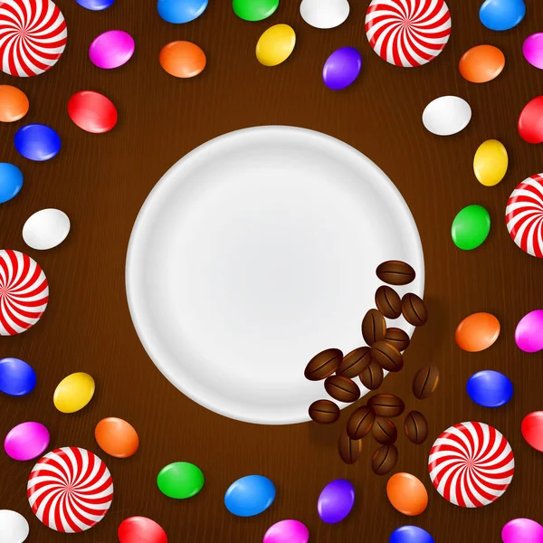 彩色糖果, 糖果和棒糖。棕色的木质背景。从上面查看. — 图库矢量图片