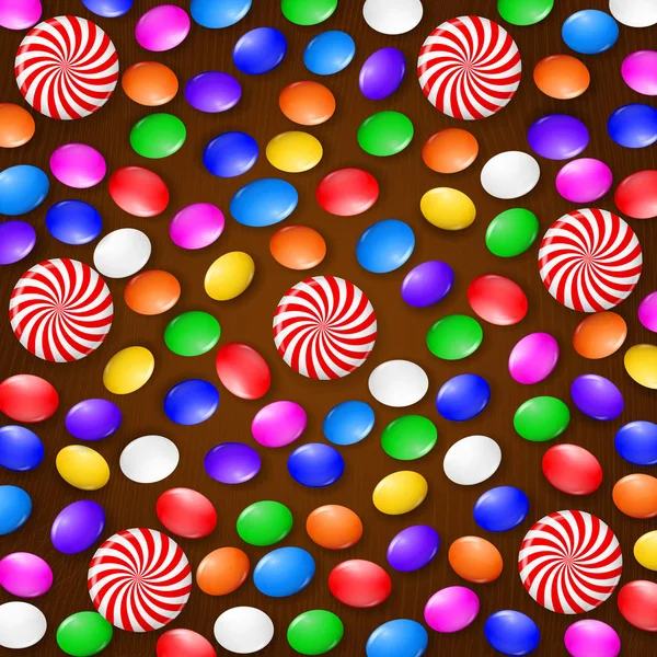 Colored candies, sweets and lollipops. On a brown wooden background. View from above. — Stock Vector