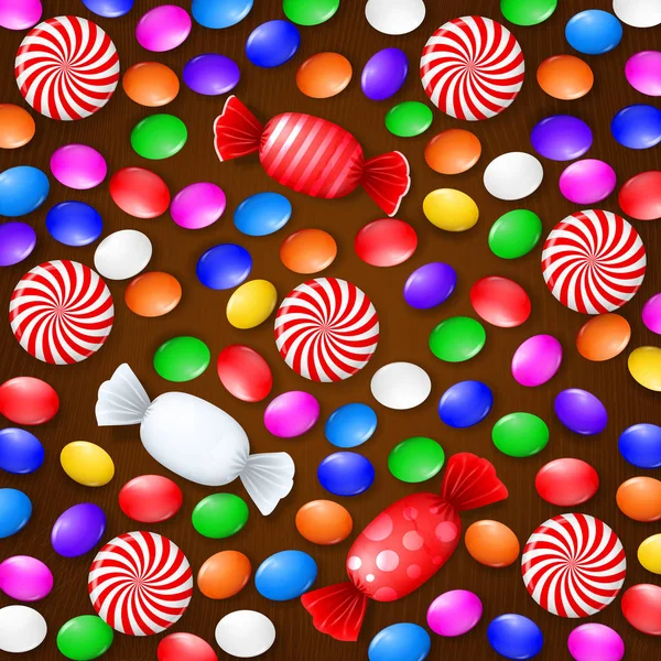 Caramelos de colores, dulces y piruletas. Sobre un fondo de madera marrón. Vista desde arriba . — Archivo Imágenes Vectoriales