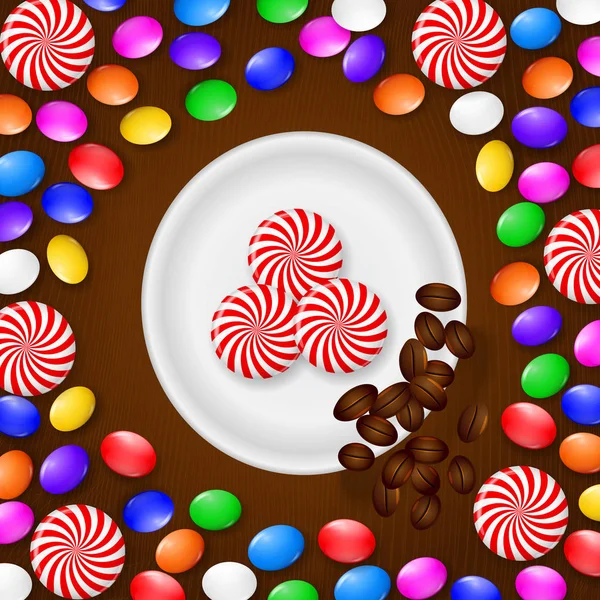 Цветные конфеты, сладости и леденцы. На коричневом деревянном фоне. Вид сверху . — стоковый вектор