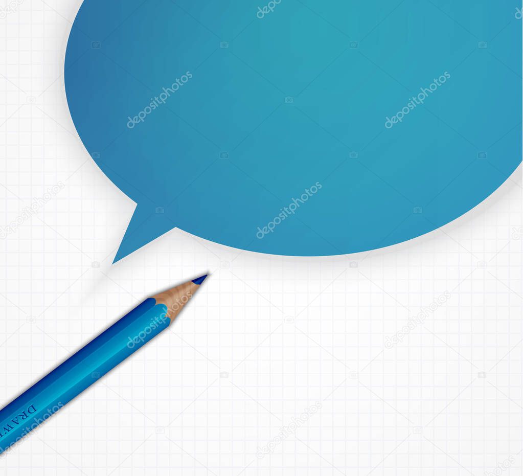 Pencil with speech bubble on grid paper vector background.