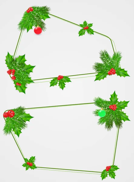 Διάνυσμα σύνολο αφηρημένα πλαίσια των κλαδιών ελάτης, Holly με φύλλα και κόκκινα μούρα. Χριστουγεννιάτικη διακόσμηση . — Διανυσματικό Αρχείο