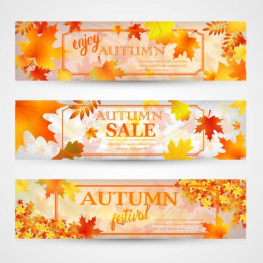 Renkli yapraklı üç sonbahar bayrağı. Vektör
