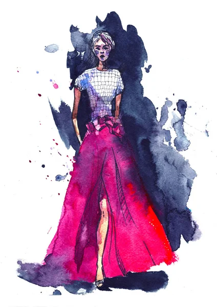 Akvarell fotomodell i en lång klänning. för skönhet illustration — Stockfoto