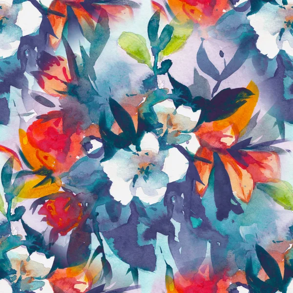 Aquarel naadloze bloemmotief, delicate bloemen, geel, blauw en roze bloemen — Stockfoto
