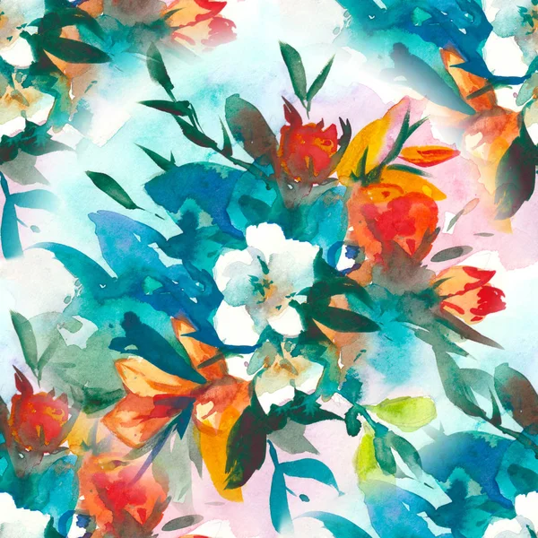 Sömlös akvarell blommönster, fina blommor, gul, blå och rosa blommor — Stockfoto