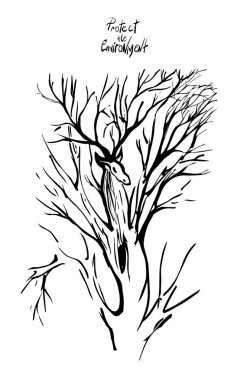 Geyik ve ağaç siluet vektör. büyük boynuzları ile illüstrasyon izole geyik