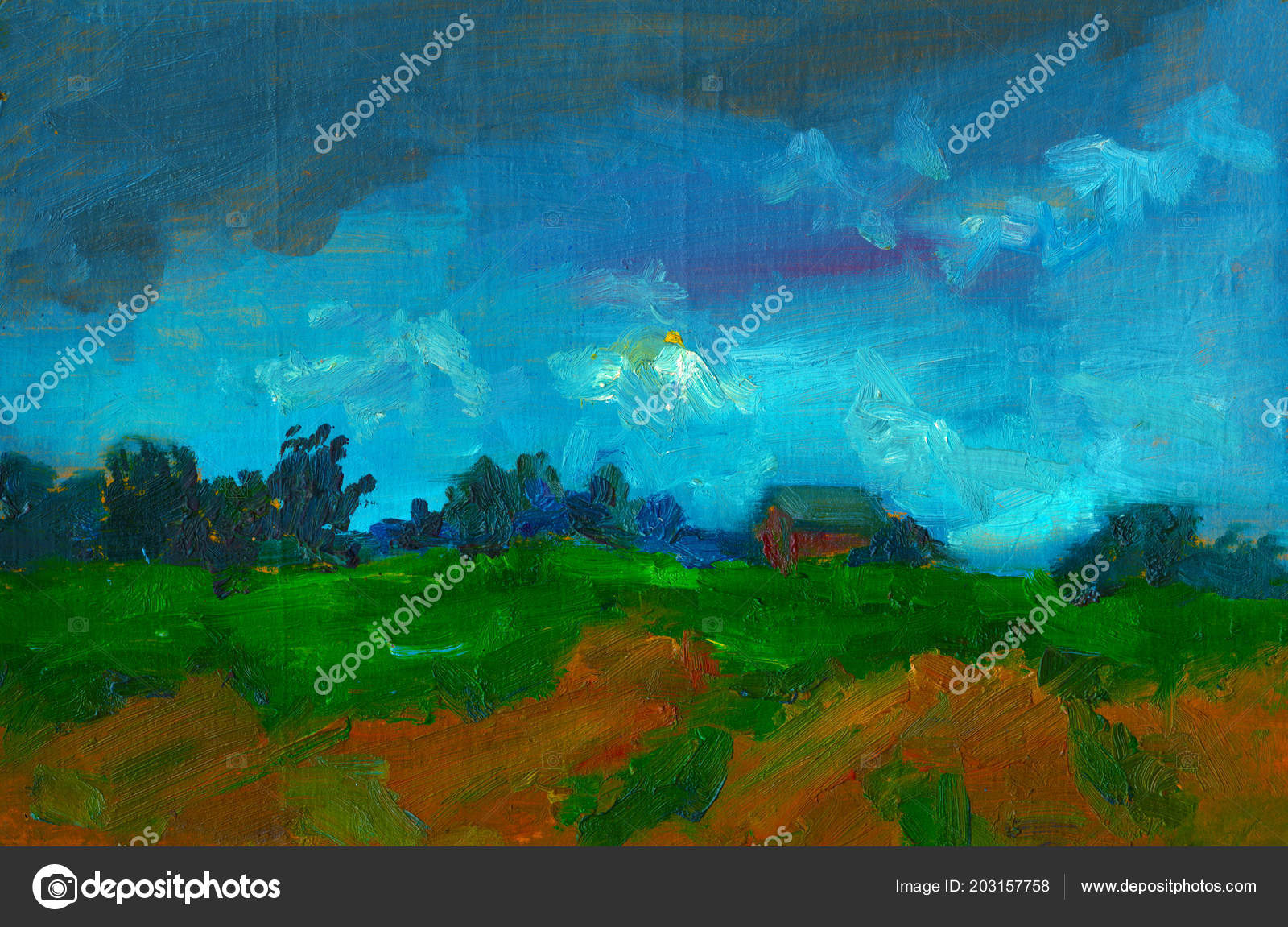 Watercolor landscape with tree ans small house painting oil Watercolor landscape with tree ans small house painting oil