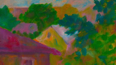 Üç ev. Toprak bölümü. Orijinal yağlı boya tuval poster. Modern İzlenimcilik