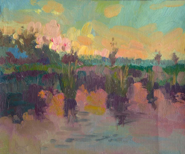 Abstracto paisaje colorido pintura al óleo sobre lienzo. Imagen semiabstracta de árbol y campo verde con cielo multicolor. naturaleza fondo —  Fotos de Stock