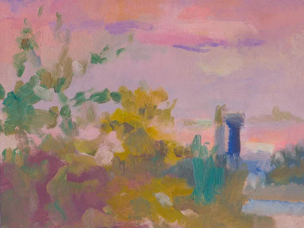 Abstracto paisaje colorido pintura al óleo sobre lienzo. Imagen semiabstracta de árbol y campo verde con cielo multicolor. naturaleza fondo —  Fotos de Stock