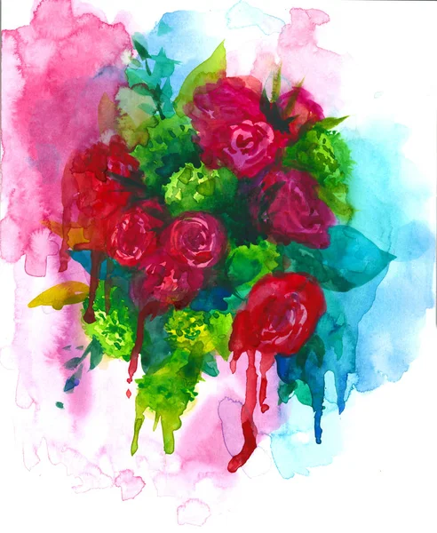 Букет цветов, роза, пион, поздравительная открытка, акварель на изолированном белом фоне, ручной рисунок , — стоковое фото
