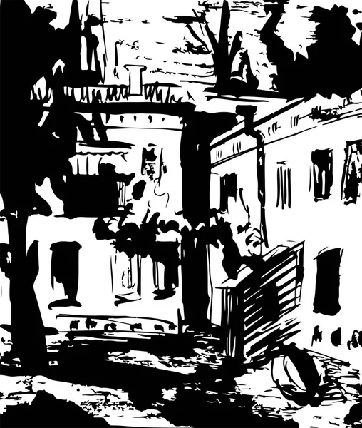 Sahne sokak illüstrasyon. Bina, çatı elle çizilmiş mürekkep satırı kroki Avrupa eski kasaba Odessa, windows, tarihi mimarisiyle. Cityscape, perspektif görünüm çizim mürekkep. Seyahat kartpostal.