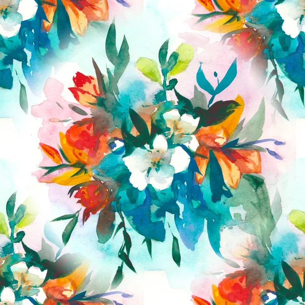 Ακουαρέλα floral μοτίβο άνευ ραφής, λεπτή λουλούδια, κίτρινο, μπλε και ροζ λουλούδια — Φωτογραφία Αρχείου