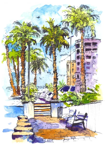 Centro de la ciudad con calles y edificios de Miami City en Florida, EE.UU. Salpicadura de acuarela con ilustración dibujada a mano. siluetas de acuarela de colores retro de palmeras . — Foto de Stock