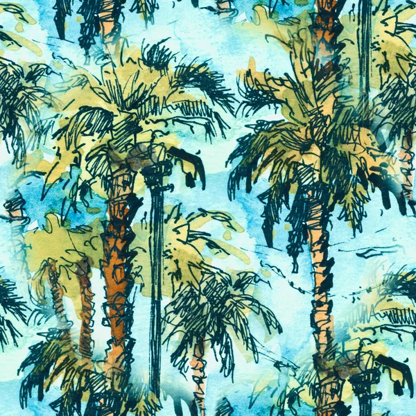 Patrón sin costura con palmeras tropicales.. Salpicadura de acuarela con ilustración de boceto dibujado a mano. retro colorido —  Fotos de Stock