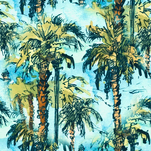 Sorunsuz patternwith tropikal palmiye ağaçları... Suluboya sıçrama elle çizilmiş kroki çizim ile. Retro renkli