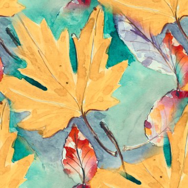 El seamless modeli boyalı. suluboya sonbahar yaprakları. güzel doğa eleman. resimde. dijital çizim ve suluboya doku. Tekstil dekor ve tasarım için arka plan. duvar kağıdı.