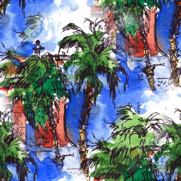 Nahtloses Palmenmuster mit geschichteten bunten Palmblättern und schönen Silhouetten, für Badebekleidung, Tapeten. — Stockfoto