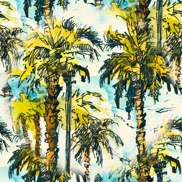 Seamless patternwith tropical palm trees.. Watercolor splash with hand drawn sketch illustration. retro colorful
