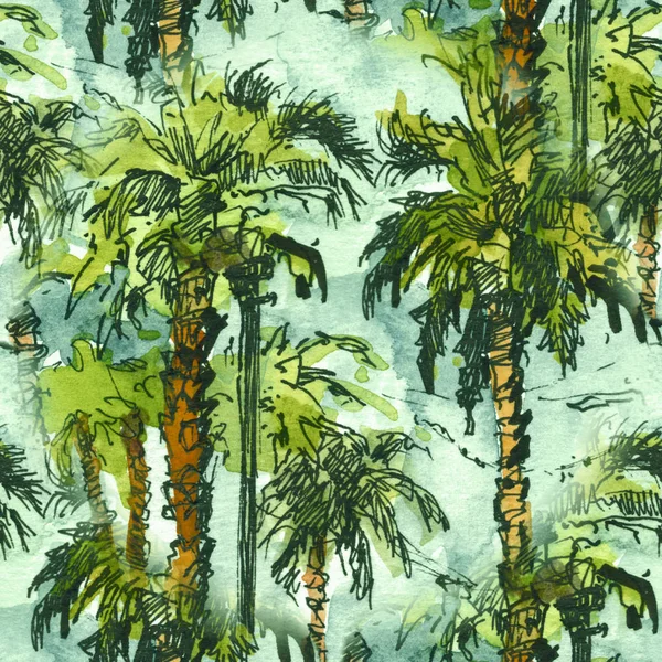 Sorunsuz patternwith tropikal palmiye ağaçları... Suluboya sıçrama elle çizilmiş kroki çizim ile. Retro renkli