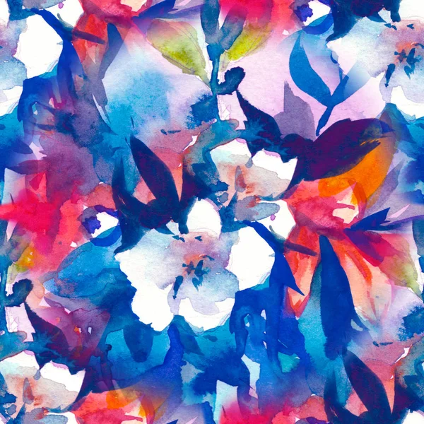 Kwiatowy wzór akwarela, delikatne kwiaty, żółte, niebieskie i różowe kwiaty — Zdjęcie stockowe