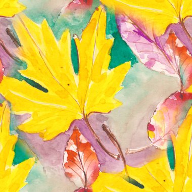 El seamless modeli boyalı. suluboya sonbahar yaprakları. güzel doğa eleman. resimde. dijital çizim ve suluboya doku. Tekstil dekor ve tasarım için arka plan. duvar kağıdı.