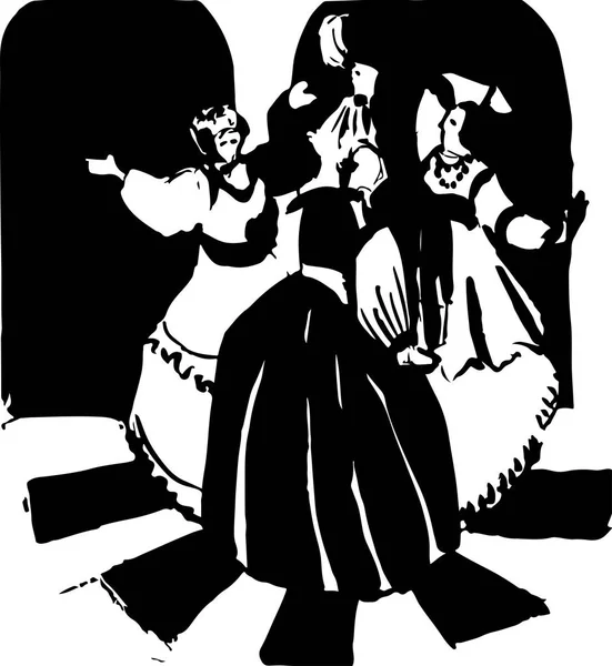 Vector. Tres mujeres bailan. Estilo ruso. Pintura de tinta sobre fondo blanco. La danza posa . — Vector de stock