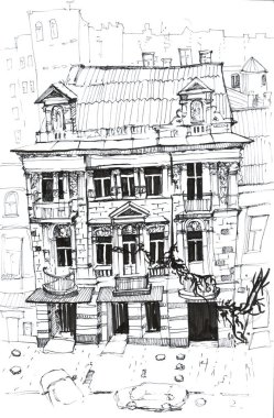 Kale manzara. Arka plan seyahat. Bina Castle. Elle çizilmiş kroki çizim.