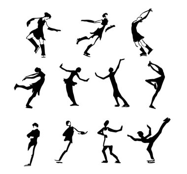 Sanat farklı poz erkekler ve kadınlar insan siluetleri büyük kümesi. Kayak, buz pateni. Vektör çizim.