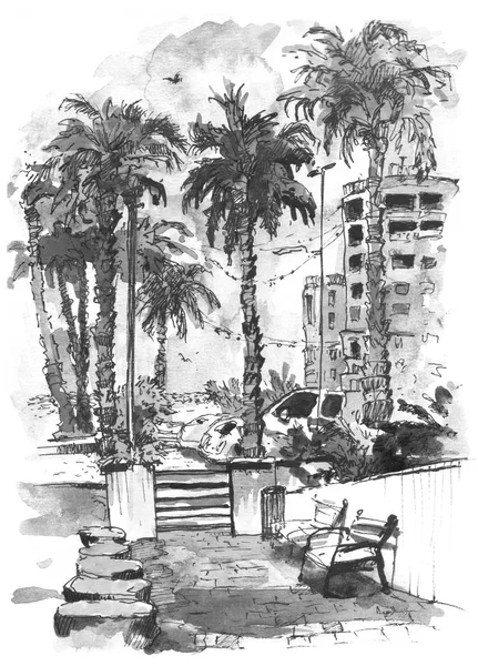 Centro de la ciudad con calles y edificios de Miami City en Florida, EE.UU. Salpicadura de acuarela con ilustración dibujado a mano en. siluetas de acuarela de colores retro de palmeras . —  Fotos de Stock