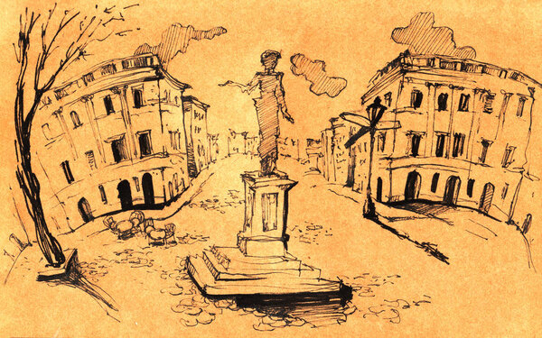 Monument to Duc de Richelieu in Odessa Odessa. Digital ink illustration. Mayor square