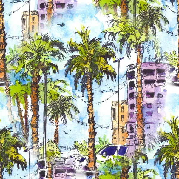 Patrón sin costuras. Centro de la ciudad con calles y edificios de Miami City en Florida, EE.UU. Salpicadura de acuarela con ilustración dibujada a mano. siluetas de acuarela de colores retro de palmeras . —  Fotos de Stock