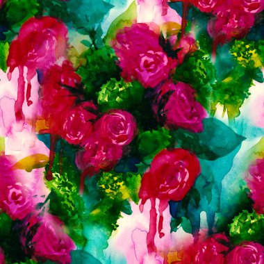 Seamless modeli. El suluboya arka plan boyalı. Soyut çiçek. buket çiçek, gül, şakayık, tebrik kartı, suluboya resim el çizimi,