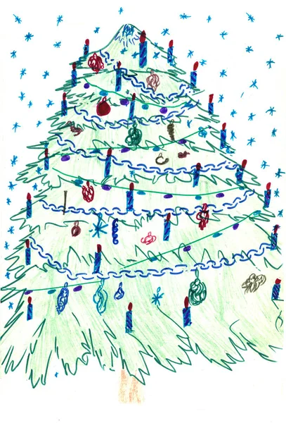 Christmas tree card. colorful drawing: Christmas tree, illustration of a greeting Christmas tree color poster, Childrens drawing. — Stock Photo, Image