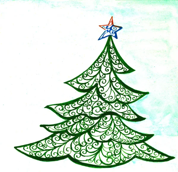 Weihnachtsbaum Illustration, Zeichnung, Tusche, Linienkunst, — Stockfoto