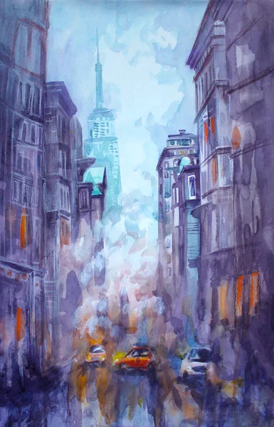 Suluboya ve pastel boya New York şehrinin, sarı taksi, modern sanat eserleri, Amerikan, illüstrasyon New York sokak görünümü