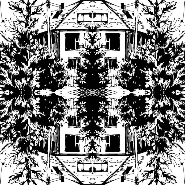 Abstract Ink Seamless pattern with andscape. Travel Background. Castle building. Hand drawn sketch illustration.