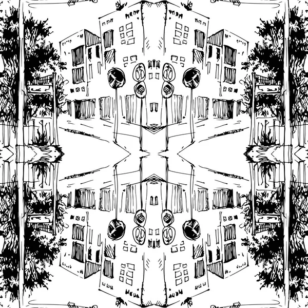 Abstract Ink Seamless pattern with andscape. Travel Background. Castle building. Hand drawn sketch illustration.