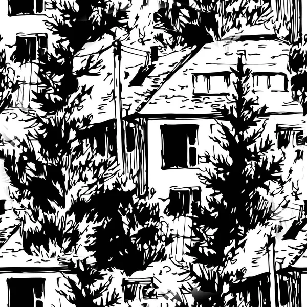 Abstract Ink Seamless pattern with andscape. Travel Background. Castle building. Hand drawn sketch illustration.
