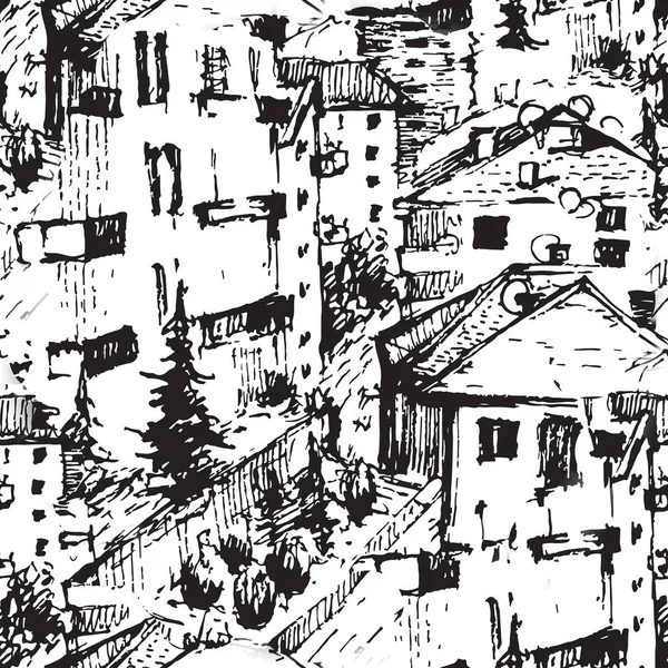 Abstract Ink Seamless pattern with andscape. Travel Background. Castle building. Hand drawn sketch illustration.