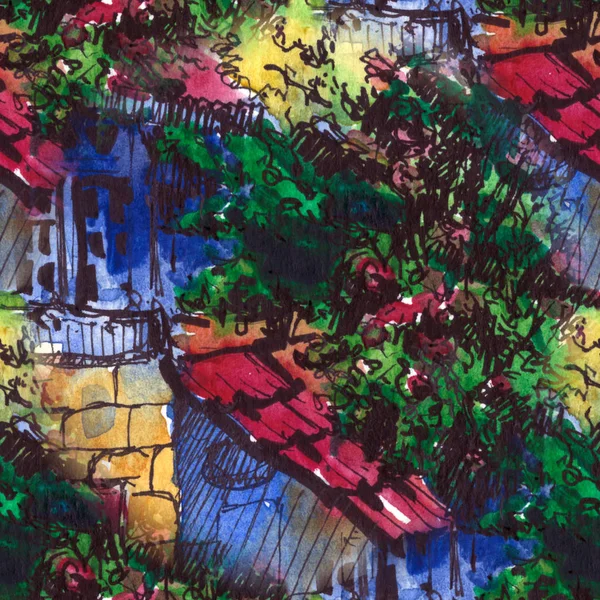Бесшовный узор искусства винтажные акварели и графические красочные цветочные бесшовные картины с листьями и травами на — стоковое фото