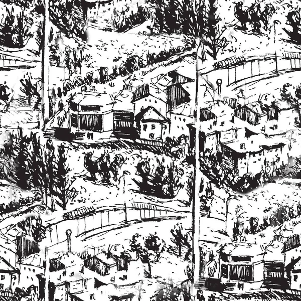 Ink Seamless pattern with street and buildings. Landscape. Travel Background. Street buildings. Hand drawn sketch illustration.