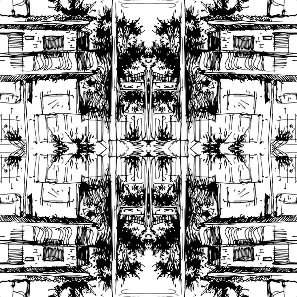 Ink Seamless pattern with street and buildings. Landscape. Travel Background. Street buildings. Hand drawn sketch illustration.