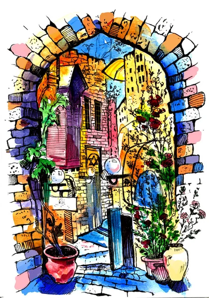 Mano dibujada de Jaffa en Israel. Ilustración de bocetos en acuarela. Ilustración de calle de la ciudad. Arte de acuarela  . —  Fotos de Stock